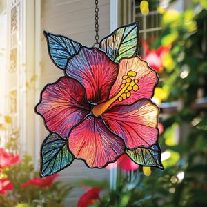 Hawaiian Hibiscus Flower Acrylic Suncatcher, Sunset faux stained glass Window Ornament, Bright Patio Decor Gift for Beach House & Cottage